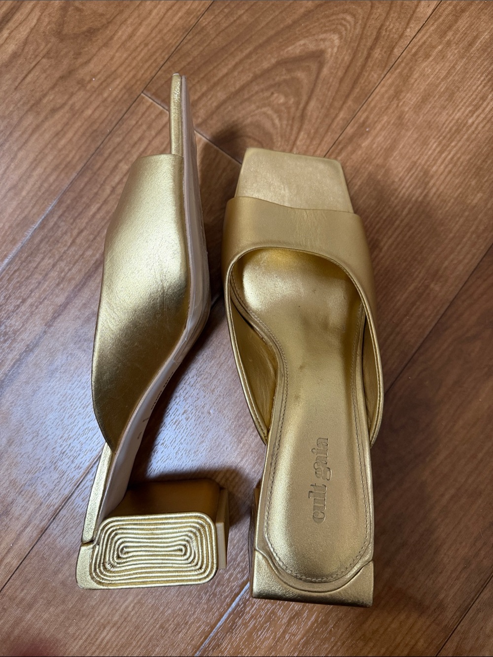 cult gaia Gold Sculpted-Block Square-Toe Slide Mules